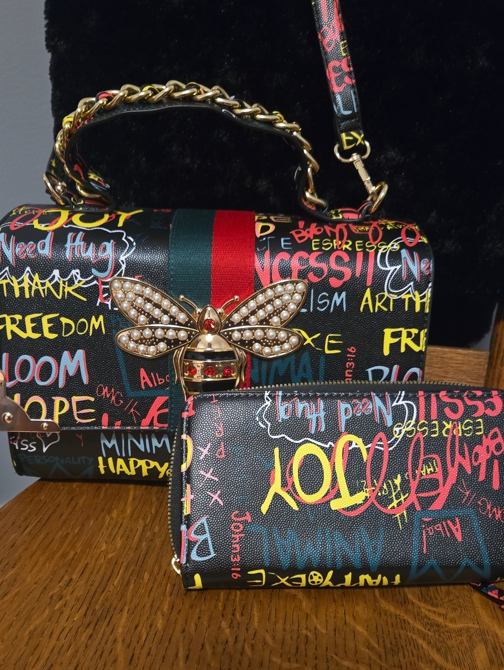 Black Graffiti Bee Accent Shoulder Bag and Wallet Set